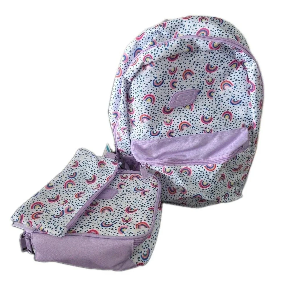 Skechers 3-Piece Backpack Set Kids Rainbow Print Purple Lunch‎ Bag Pencil Case
